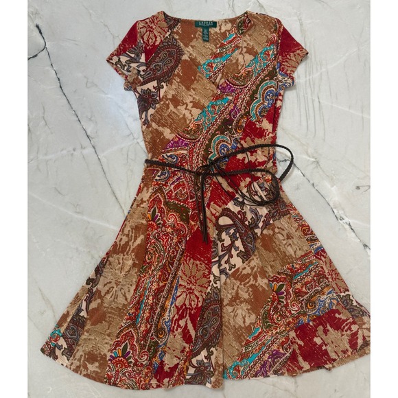 Lauren Ralph Lauren Dresses & Skirts - Lauren Ralph Lauren Petite Paisley Patchwork Faux Wrap Dress with Belt PM Red 71